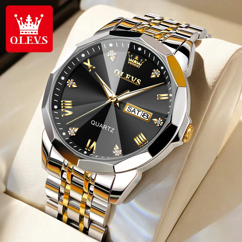 OLEVS Herrenuhren Gold Original Quarz-Armbanduhr Wasserdicht Leuchtende Uhr für Männer Rhombus Mirror Date Week Luxuskleid