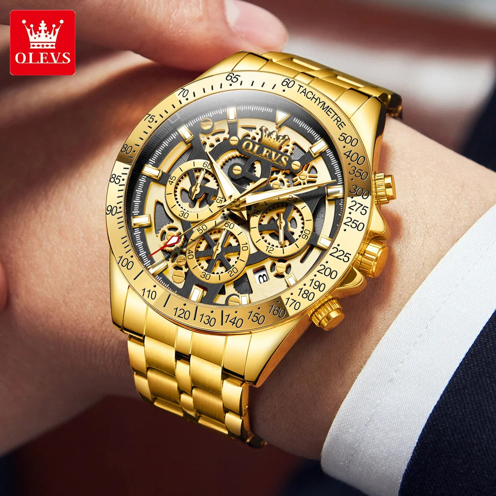 Olevs lxuxry Marke Gold Herren uhren Voll skelett Edelstahl Chronograph Armbanduhr wasserdichte leuchtende Quarzuhr Herren