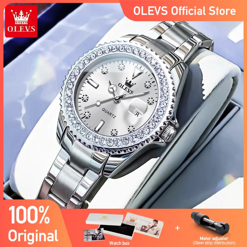 Olevs Damen uhren Top Marke Original Quarz Damen uhr Luxus Lünette Diamant Armbanduhr wasserdicht vergrößern Datum Geschenkset