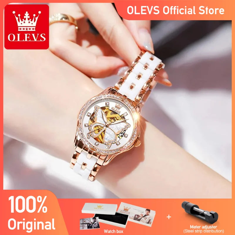 OLEVS Top Marke Mechanische Frauen Uhr Mode Schweiz Luxus Marke Damen Armbanduhr Automatische Lederband Geschenk