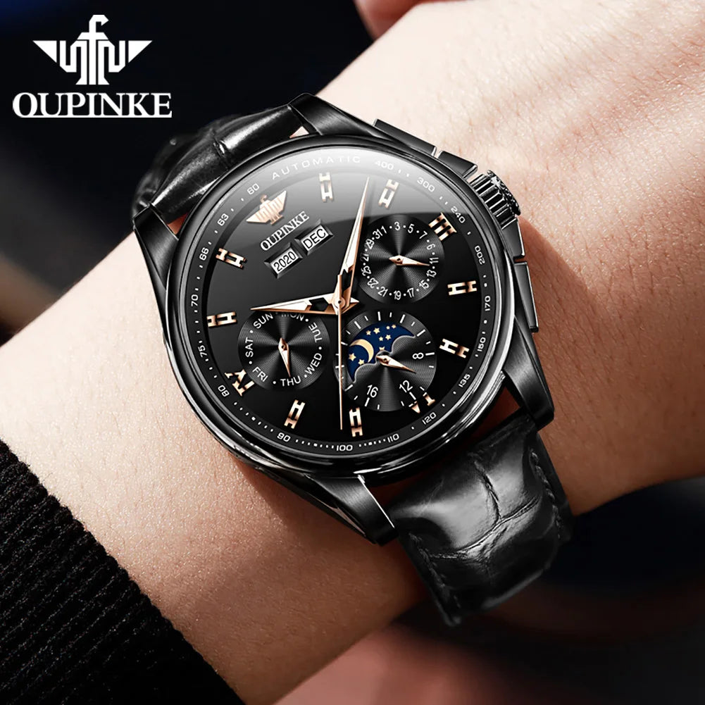 OUPINKE Echte männer Automatische Mechanische Uhr Wasserdicht Kalender Saphir Spiegel Armbanduhr herren Uhr Religio Masculino