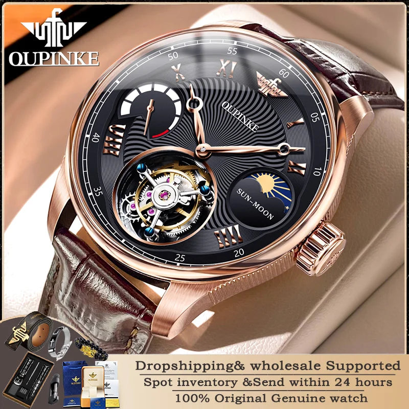 OUPINKE 8001 Tourbillon Men's Watch Luxury Brand Sapphire Waterproof Luminous Moonphase Watch Men's Automatic Mechanical Watch