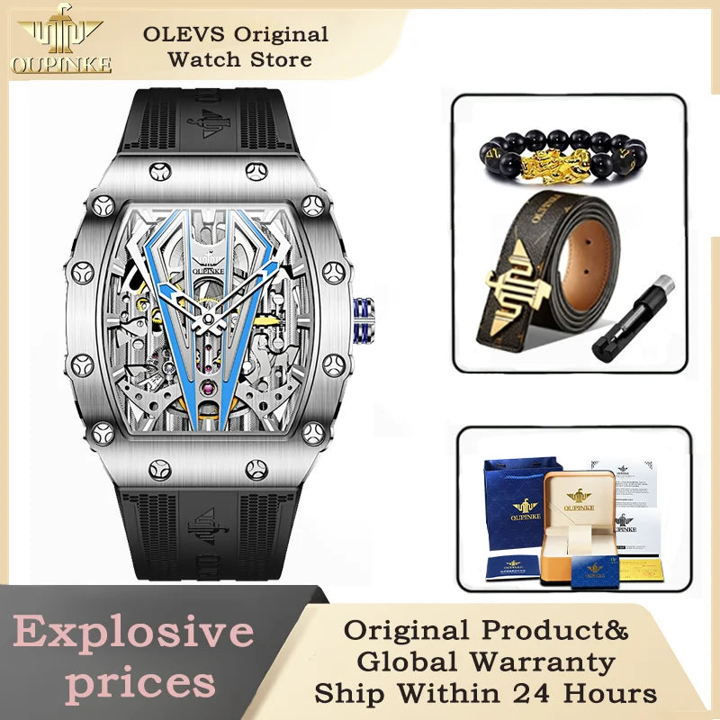 OUPINKE 3179 Men's Watch Luxury Brand Automatic Mechanical Watch Silicone Strap Sapphire Mirror Waterproof Skeleton Men's Watch