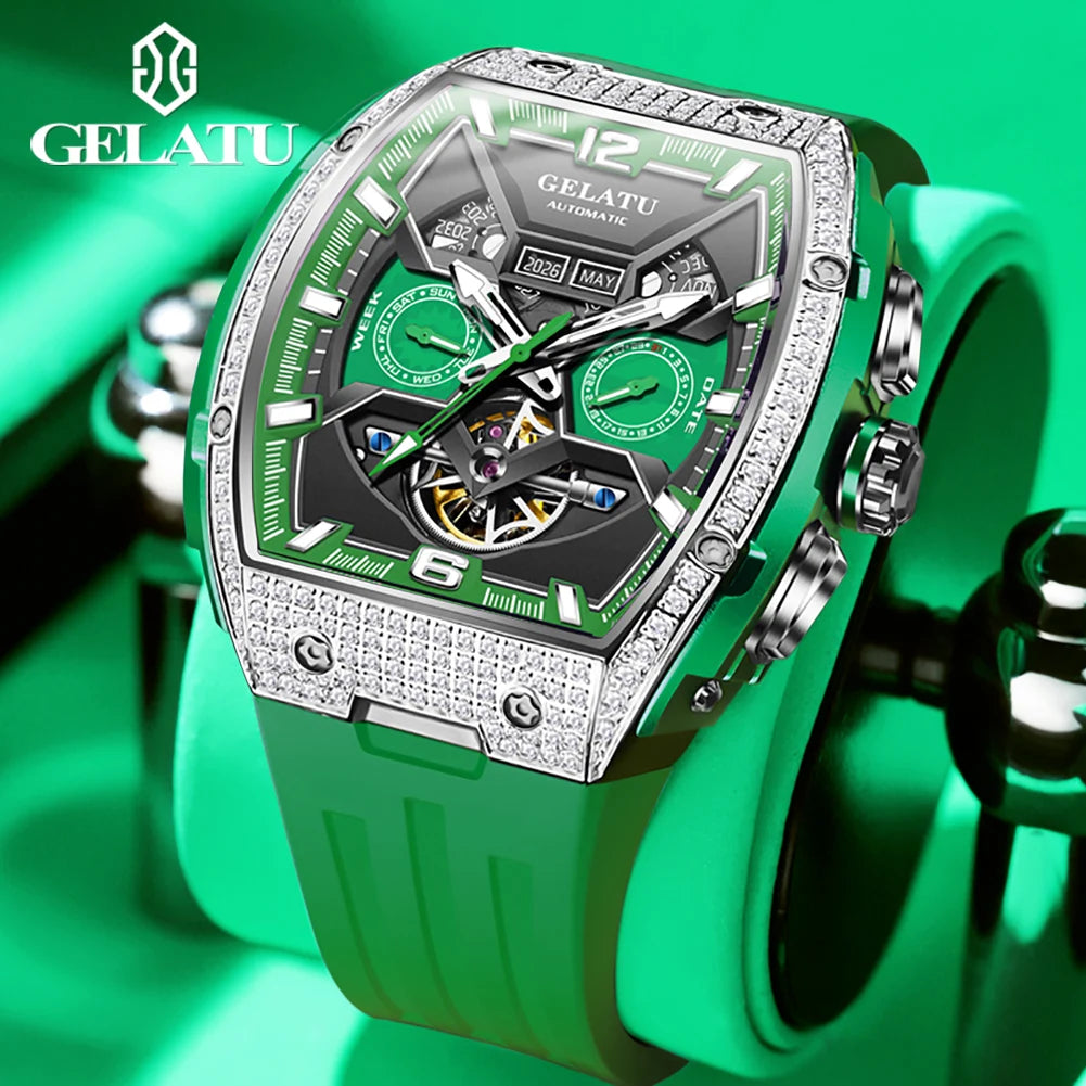 Gelatu 6016 Diamant hohl Luxus mechanische Herren uhr automatische Datum wasserdichte Silikon uhr Top Marke Uhr reloj hombre