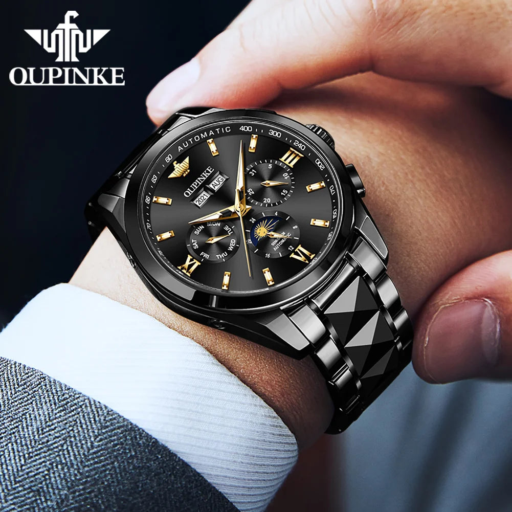 Oupinke Mondphase mechanische Uhr für Männer Luxus Top Marke Saphir Spiegel wasserdichte elegante Herren automatische Armbanduhr