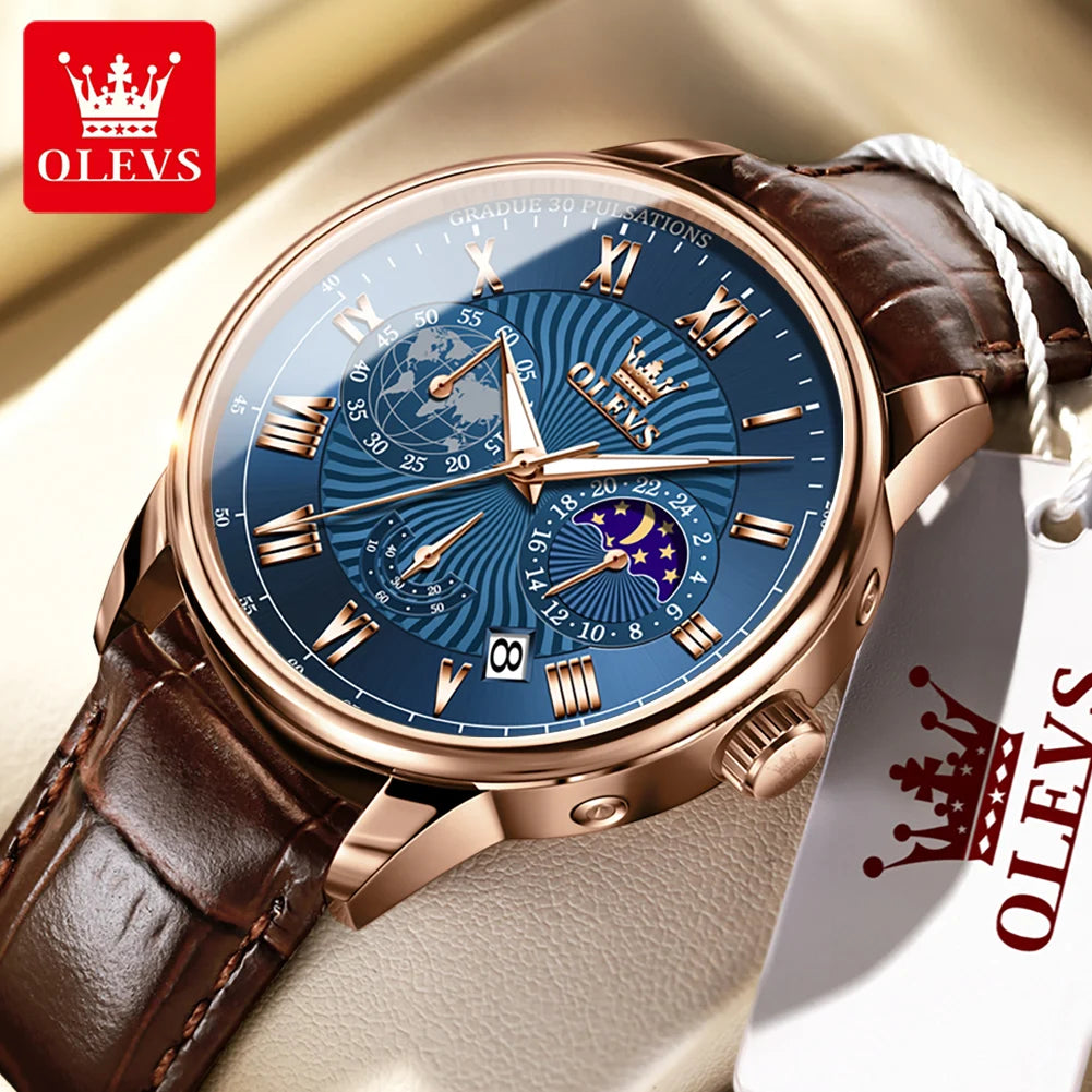 OLEVS Herrenuhren Casual Business Original Quarzuhr für Herren Wasserdicht Leuchtende Armbanduhr Mondphasenkalender Chronograph