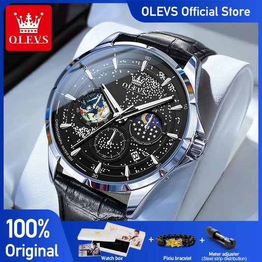 Olevs Herren uhren multifunktion ale Original Quarz Armbanduhr wasserdichte Leder Leucht uhr für Mann Chronograph Mondphase