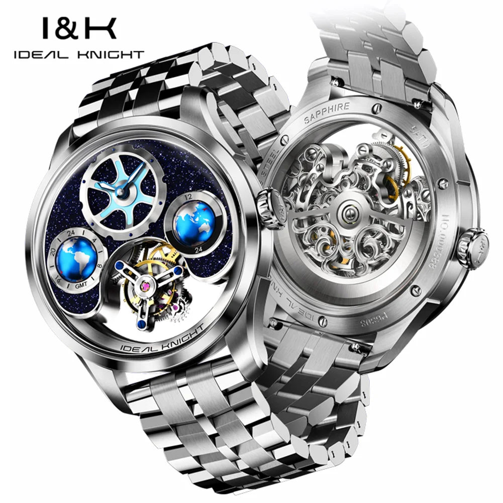 Ideale Ritter 6808 Tourbillon Uhren für Männer Blue Earth Serie High-End-Luxusmarke Skelett automatische mechanische Armbanduhren