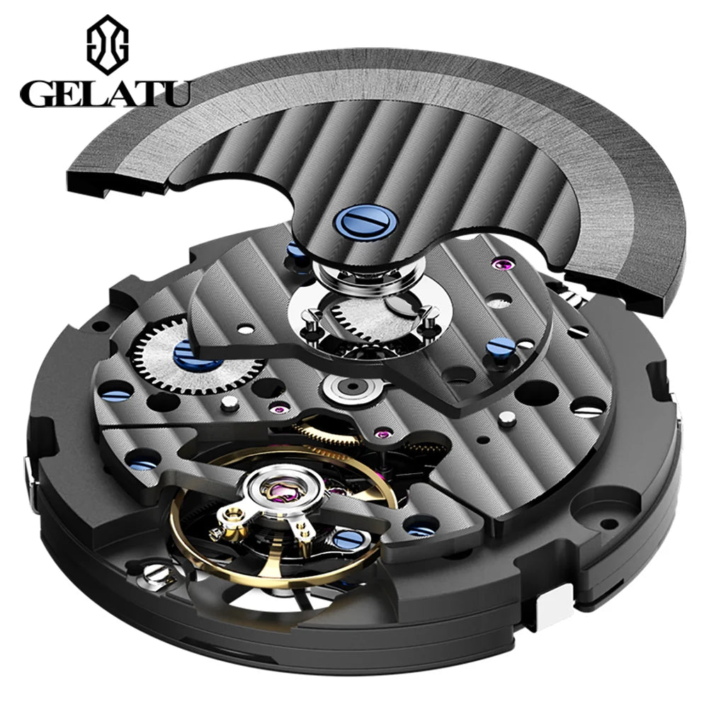 GELATU Top-Marke Herrenuhren, vollautomatische Armbanduhr für Herren, hohles mechanisches Schwungrad, Datum, Woche, wasserdicht, leuchtend