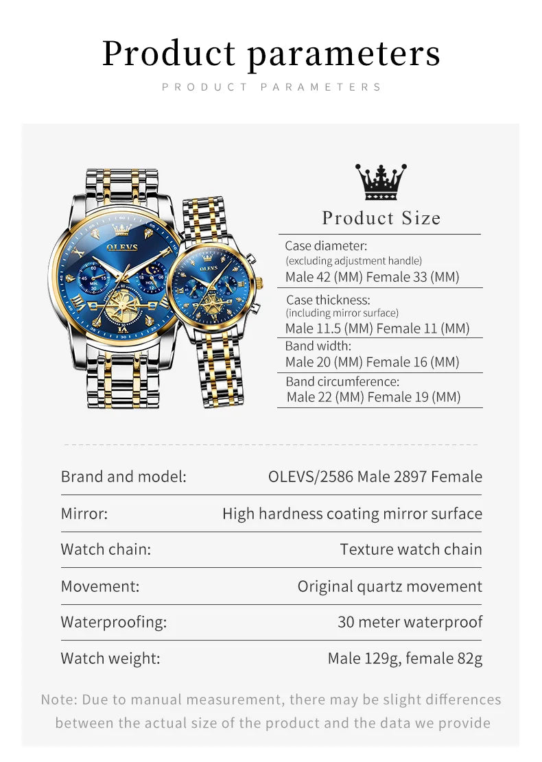 OLEVS Paar Uhren Trend Mode Original Armbanduhr Exquisite Liebhaber Box Seine und Ihn Uhr Wasserdicht Leuchtende Mondphase