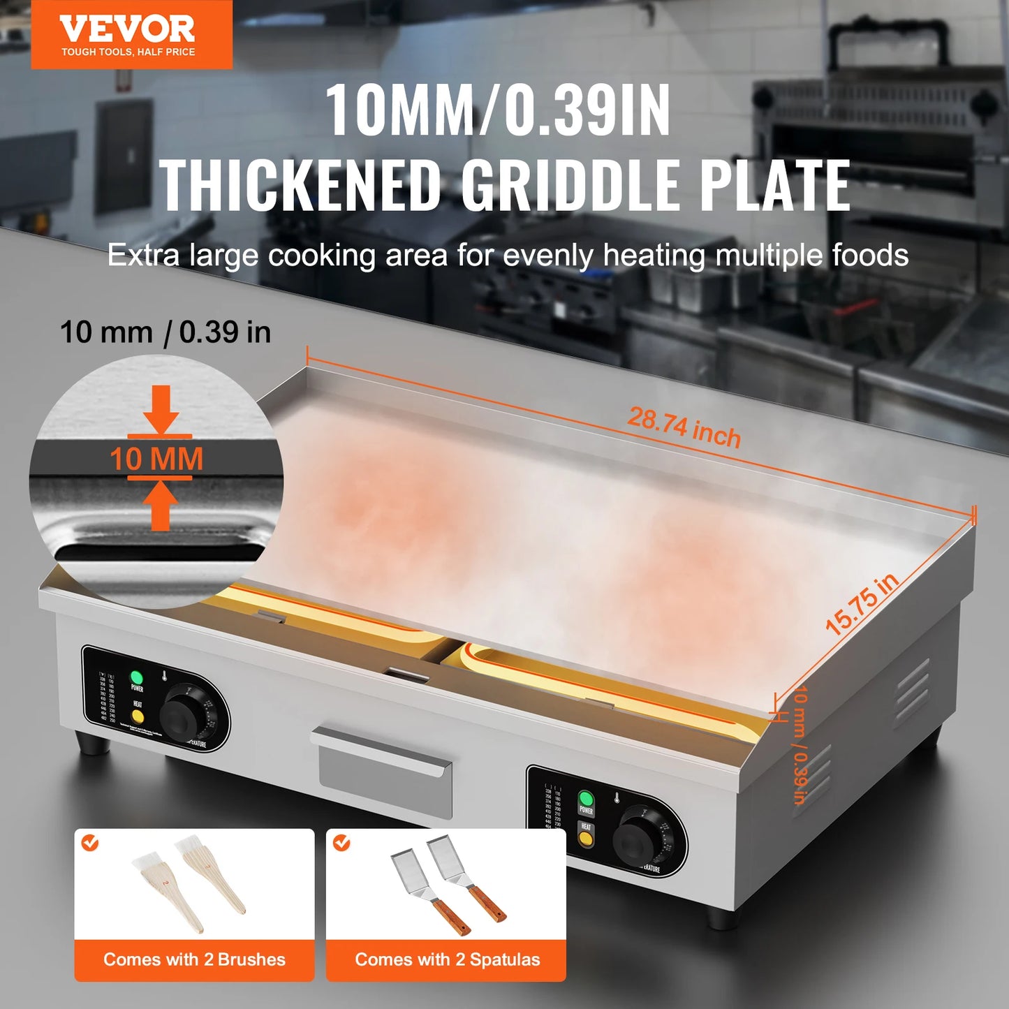 VEVOR Kommerzieller elektrischer Grill, 4400 W, flache Grillplatte für die Arbeitsplatte, einstellbare Temperatur von 122 °F bis 572 °F, 28,74 x 15,75 x 0,39 Zoll, Grillplatte aus Edelstahl mit 2 Schaufeln und 2 Bürste