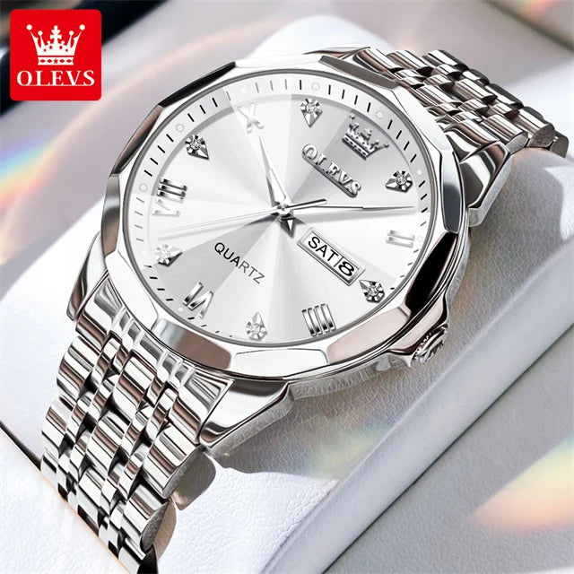 Olevs 9931 Quarzuhr für Männer Raute Spiegel Edelstahl wasserdicht Auto Datum Woche Uhr Einfachheit Luxus Herren Armbanduhr