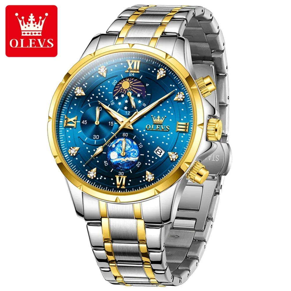 OLEVS Luxury Luminous Starry Sky Dial Men's Watches Moon Phase Waterproof Original Quartz Watch for Male Wristwatch Chronograph