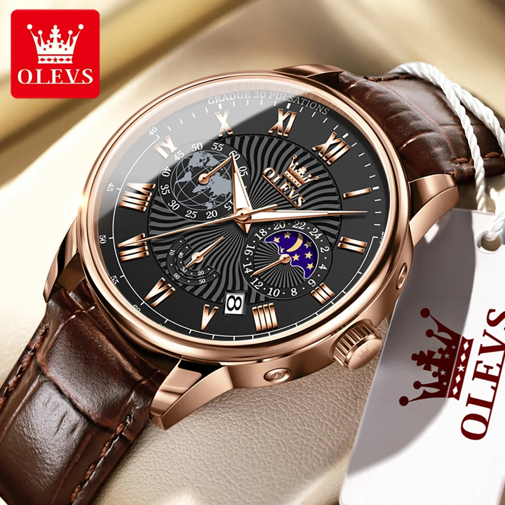 OLEVS Herrenuhren Casual Business Original Quarzuhr für Herren Wasserdicht Leuchtende Armbanduhr Mondphasenkalender Chronograph