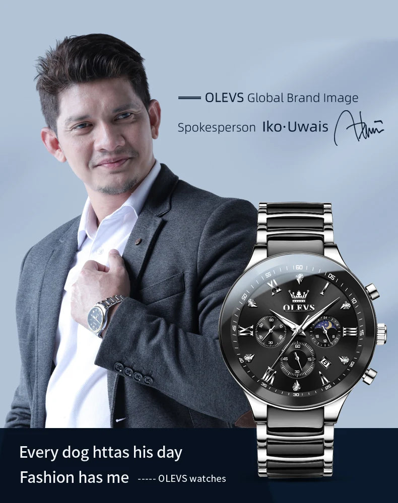 Olevs Herren uhren klassisches Modedesign Original Armbanduhr für Mann Chronograph Keramik armband wasserdichte leuchtende Mondphase