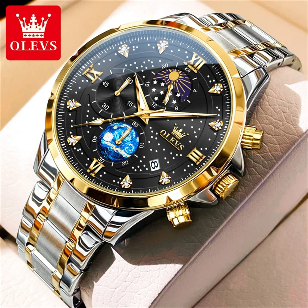 OLEVS 9807 Herrenuhren Original Quarzuhr für Herren Multifunktions-Chronograph Edelstahl Wasserdicht Leuchtend Reloj Hombre