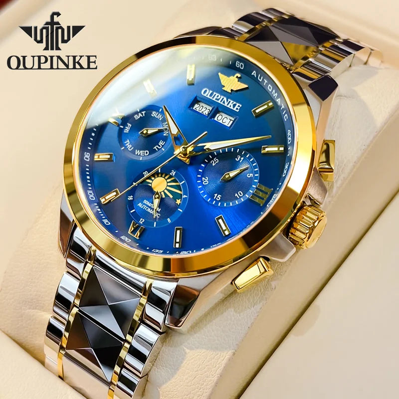 OUPINKE 3201 Men's Watch Top Luxury Brand Tungsten Steel Sapphire Mirror Waterproof Lunar Phase Men's Automatic Mechanical Watch