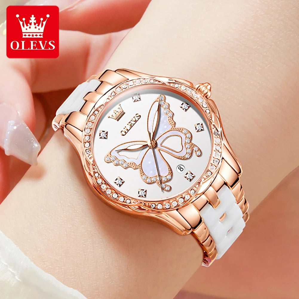 OLEVS 5610 Damenuhren, elegante Mode, Strass-Lünette, Keramikarmband, Armbanduhr, wasserdicht, leuchtend, Automatikuhr