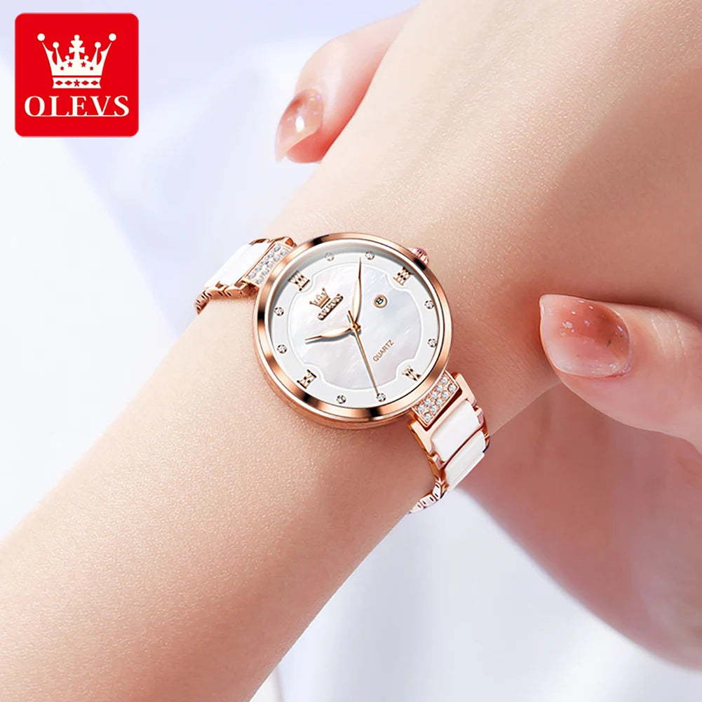 OLEVS Damenuhren, elegante Mode, Keramikarmband, Uhr für Damen, Armband, Geschenkbox-Set, wasserdicht, leuchtendes Datum