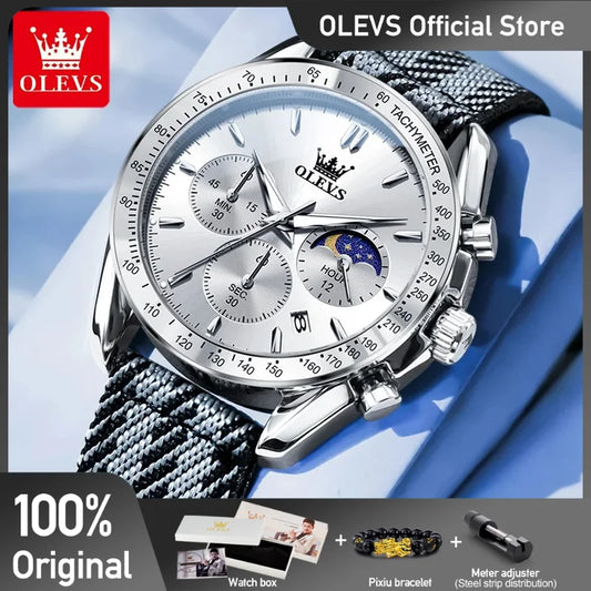 OLEVS 3630 Herrenuhr Marke Original Quarz Nylonarmband Uhr für Männer Mondphase Multifunktionale Chronograph Geschenke Reloj