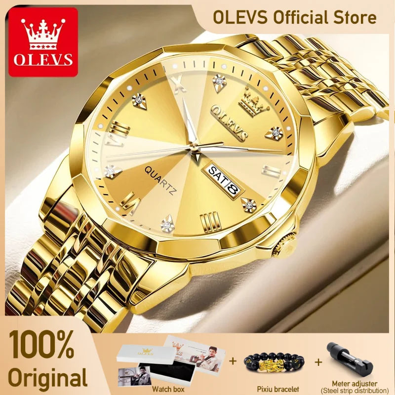 OLEVS Herrenuhren Gold Original Quarz-Armbanduhr Wasserdicht Leuchtende Uhr für Männer Rhombus Mirror Date Week Luxuskleid