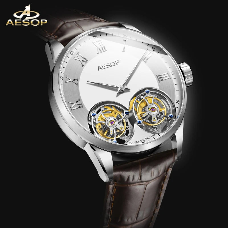 Superluxuriöse 100 % originale Doppel-Tourbillon-Uhr für Herren, Saphir-Handaufzugswerk, 1963, mechanische Armbanduhr, AESOP 2022