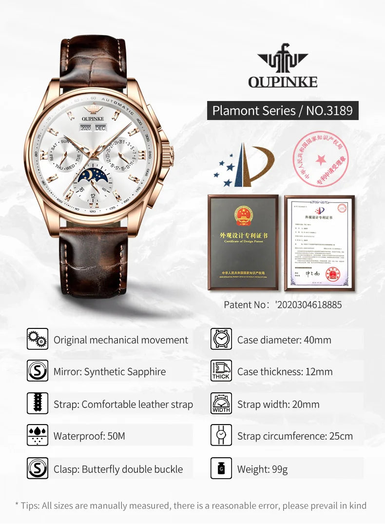 OUPINKE 3189 Herrenuhr Top Luxusmarke Automatische mechanische Uhr Mode Leder Wasserdicht Saphirspiegel Mond Herrenuhr