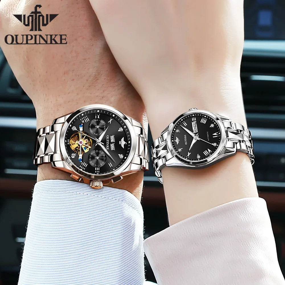 OUPINKE Paar Uhren Top Luxus Original Automatische Mechanische Armbanduhr Wasserdicht Wolfram Stahl Liebhaber Uhr für Männer Frauen