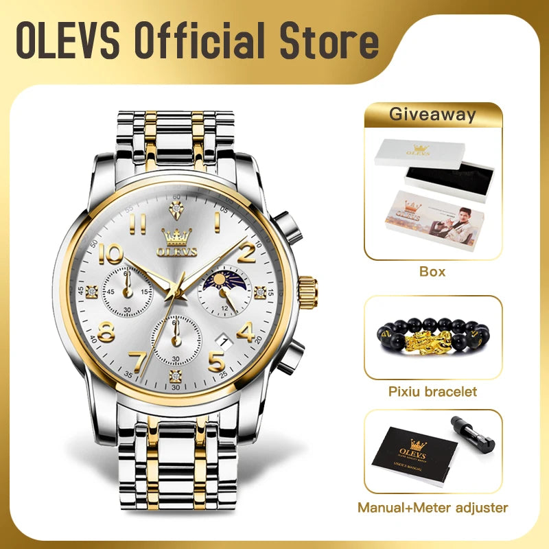 OLEVS 3628 Herrenuhr Original Marke Multifunktionale Chronograph Quarzuhr Wasserdichte Mondphase Uhr Für Männer Herren Geschenke