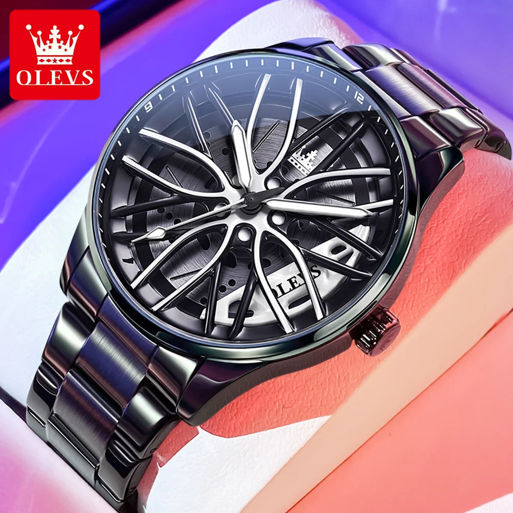 OLEVS 9937 Herrenuhr Original drehbares Radnaben-Zifferblatt, modischer Trend, Quarzuhr, wasserdicht, leuchtend, Edelstahl, Reloj