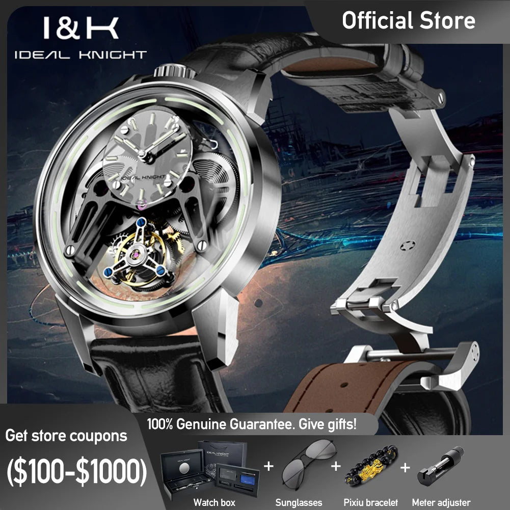 IDEAL KNIGHT 6806 Herrenuhr, luxuriöse, fortschrittliche Tourbillon-Automatik-Mechanische Armbanduhr, 50 m wasserdicht, leuchtende Uhr für reife Männer