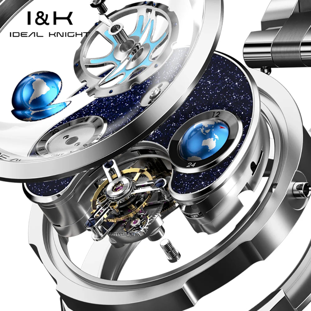 IDEAL KNIGHT 6805 Luxury Original Men's Tourbillon Watch Fashion 3D Rotating Blue Floor Design 12 Hour Tray Skeleton Men's Watch