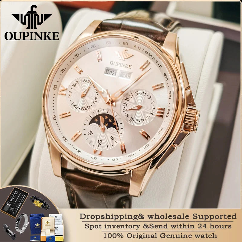 OUPINKE 3189 Herrenuhr Top Luxusmarke Automatische mechanische Uhr Mode Leder Wasserdicht Saphirspiegel Mond Herrenuhr