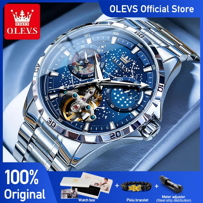 OLEVS Original Marke herren Uhren Wasserdichte Multifunktionale Leuchtende Voll Automatische Mechanische Uhr Mond Phase Sternen Disk