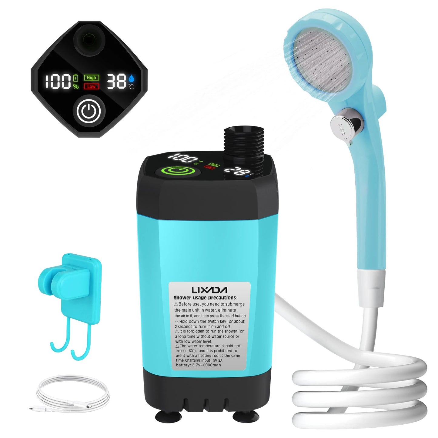 Camping Shower Pump RV Outdoor Shower Kit Camp Shower w/Full Screen Intelligent Digital Display Adjustable 6000mAh Shower Kit