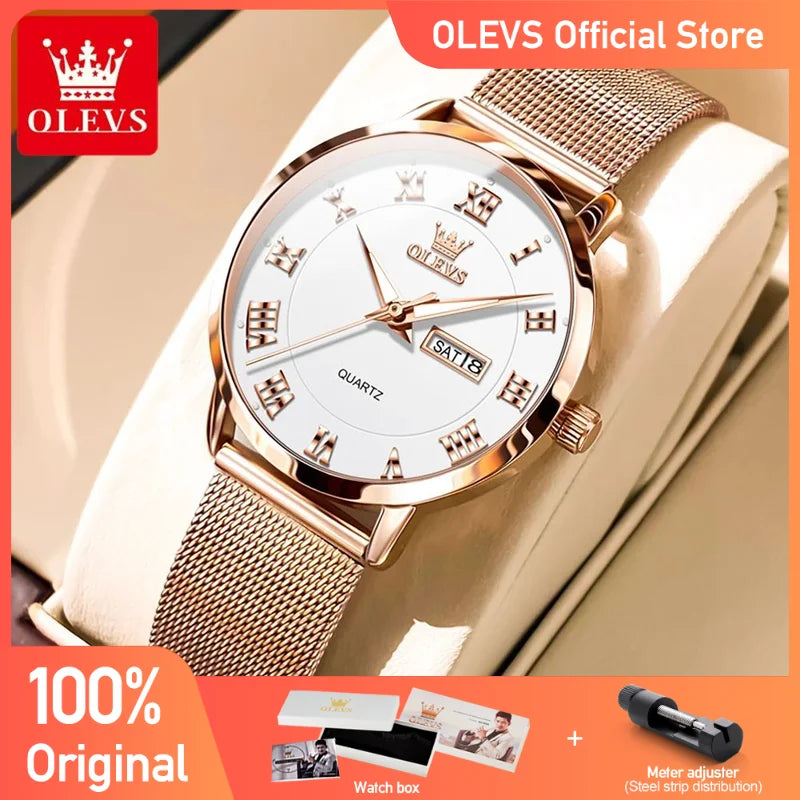 OLEVS Damenuhren, schlicht, modisch, römische Ziffern, originelle Armbanduhr für Damen, Edelstahl-Mesh-Armband, Woche und Datum, leuchtend