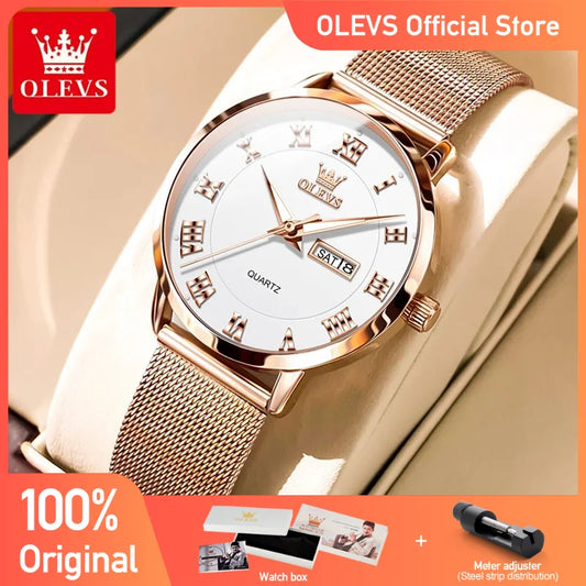 OLEVS Damenuhren, schlicht, modisch, römische Ziffern, originelle Armbanduhr für Damen, Edelstahl-Mesh-Armband, Woche und Datum, leuchtend