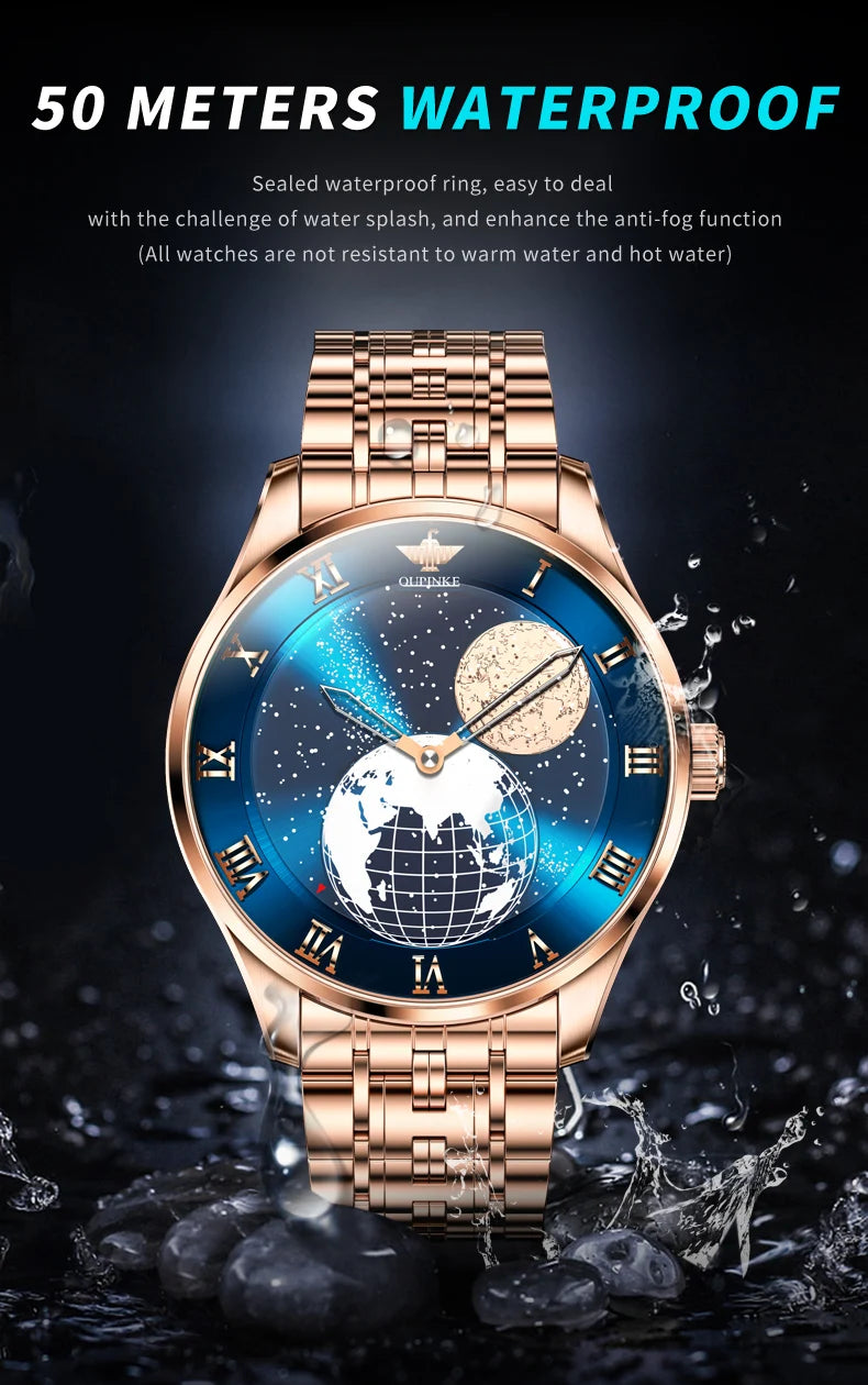 OUPINKE 3230 Men's Fully Automatic Mechanical Watch High Quality CITIZEN Movement Watch 3D Earth Starry Sky Business Men's Watch