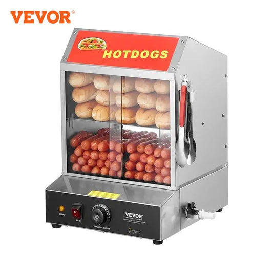 VEVOR Hot Dog Dampfgarer, 27L, 2-stufiger Hot Dog Hütten-Dampfgarer, 30℃~85℃ Temperaturregelung, elektrischer Brötchenwärmer mit Schiebetüren aus gehärtetem Glas, Trennplattenzange, Edelstahl, für Hot Dogs & Brötch