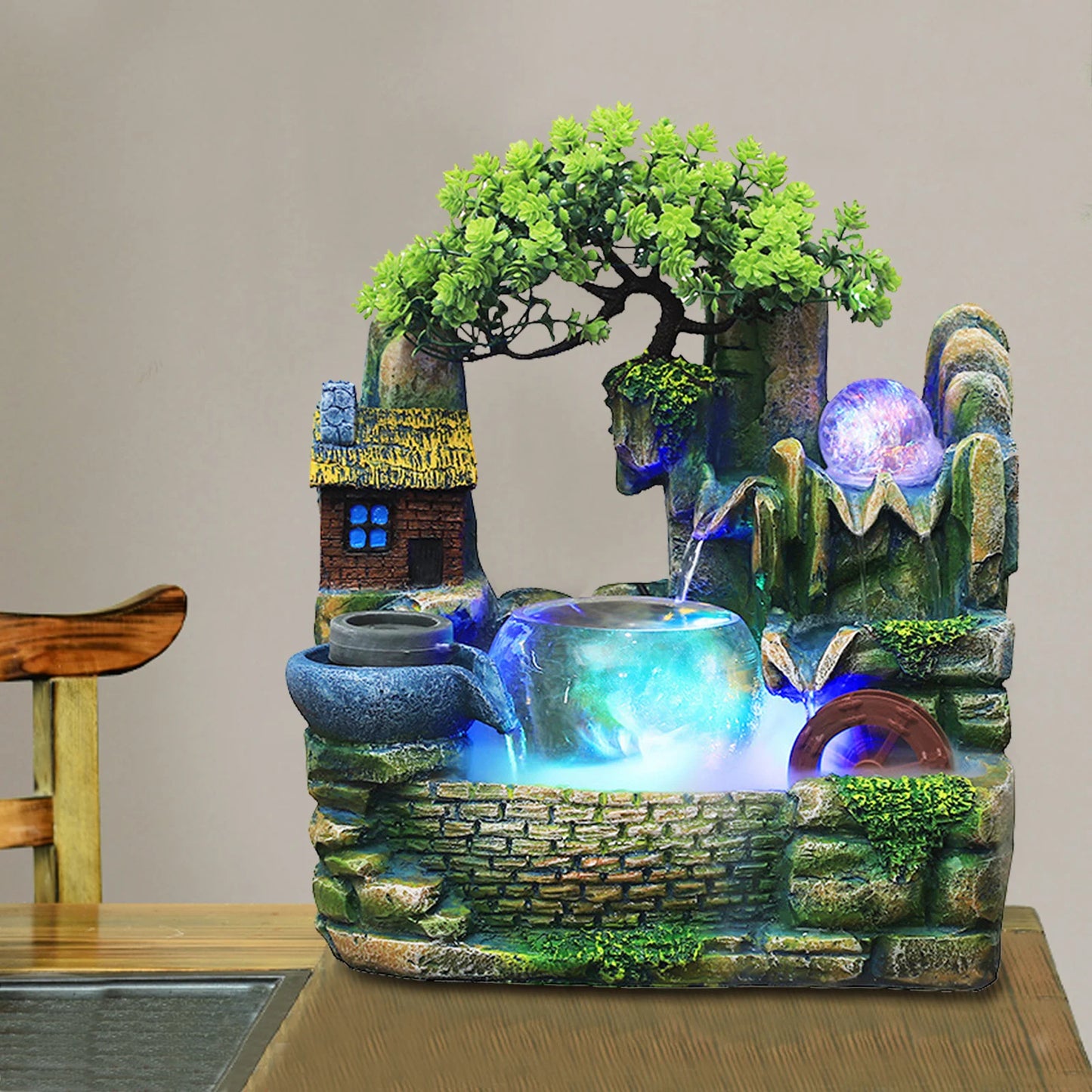 Wasserbrunnen für den Innenbereich, Fengshui-Harz, Ornamente, Steingarten, Bonsai, Wasserrad, Fischglas, LED-Kugel, Kunsthandwerk, Büro, Zuhause, Tischdekoration, Geschenke