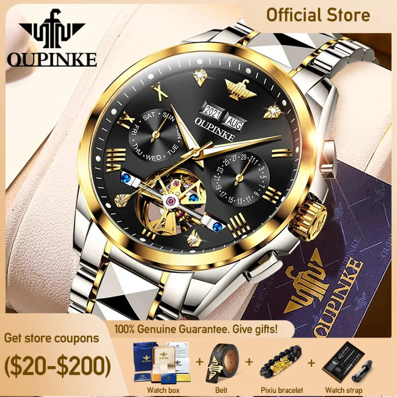 OUPINKE Top Marke männer Uhren Luxus Sapphire Automatische Mechanische Uhr für Mann Wolfram Stahl Tourbillon Wristwath Kalender