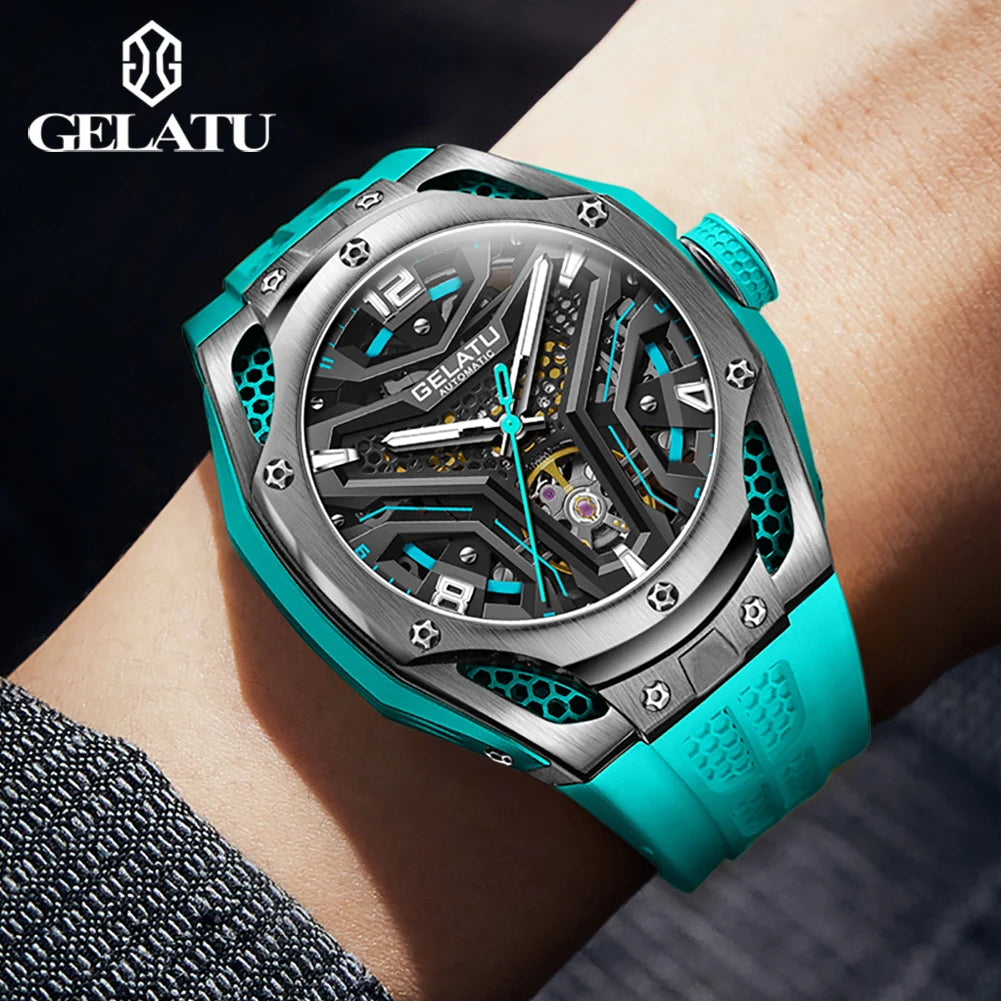 Gelatu aushöhlen Herren voll automatische mechanische Uhr Silikon armband Luxusmarke Uhr trend ige Sport Typ Herren uhr