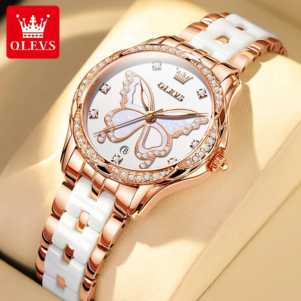 OLEVS 5610 Damenuhren, elegante Mode, Strass-Lünette, Keramikarmband, Armbanduhr, wasserdicht, leuchtend, Automatikuhr