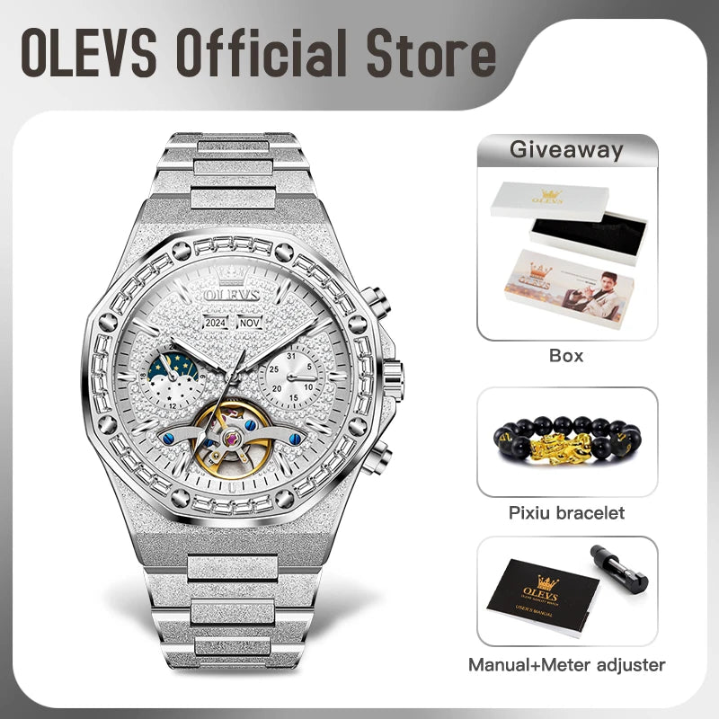 OLEVS 9805 Herrenuhr Originalmarke Tourbillon Automatische mechanische Uhr Diamant Zifferblatt Wasserdicht Mondphase Uhren für Männer