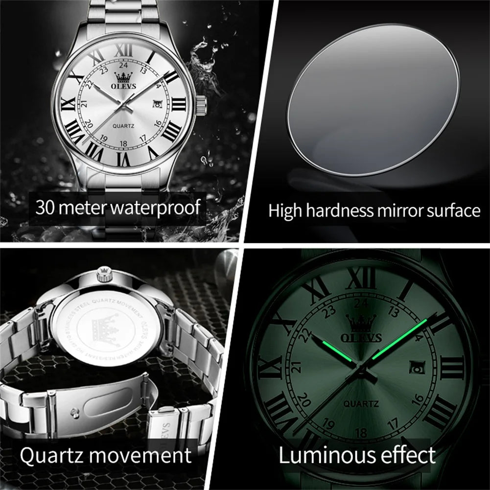 Olevs Herren uhren römische Skala einfache Mode Uhr für Mann wasserdichte Edelstahl leuchtende Datum Original Quarz Armbanduhr