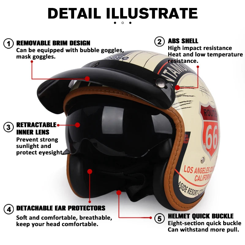 Uchoose 3/4 Retro Helm - Klassischer Stil für Motorradfahrer