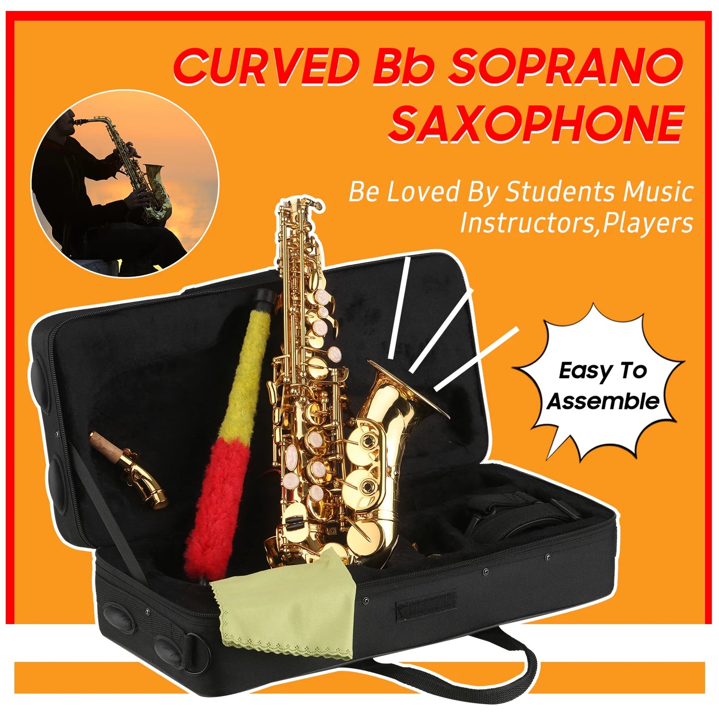 Bb Sopransaxophon Goldlack Messing Sax mit Instrumentenkoffer Mundstück Umhängeband Reinigungstuch Bürste für Musiker Anfänger