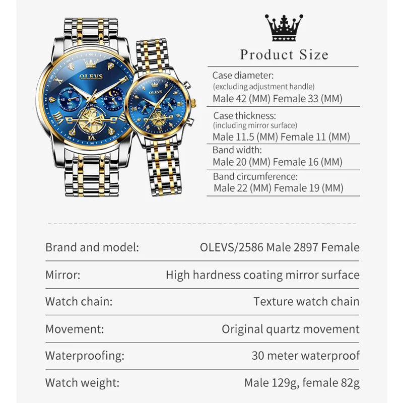 OLEVS Paar Uhren Trend Mode Original Armbanduhr Exquisite Liebhaber Box Seine und Ihn Uhr Wasserdicht Leuchtende Mondphase