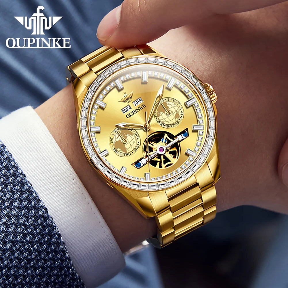 OUPINKE 3280 Männer Uhr Luxus Marke Wasserdicht Skeleton Automatische Uhr Business Kalender Woche Männer Mechanische Uhr Montre Homme