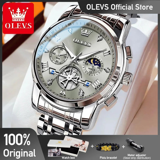 OLEVS Herrenuhren, klassisch, multifunktional, Fltwheel-Chronograph, Original-Quarz-Armbanduhr, Mondphase, 24-Stunden-wasserdicht, reloj